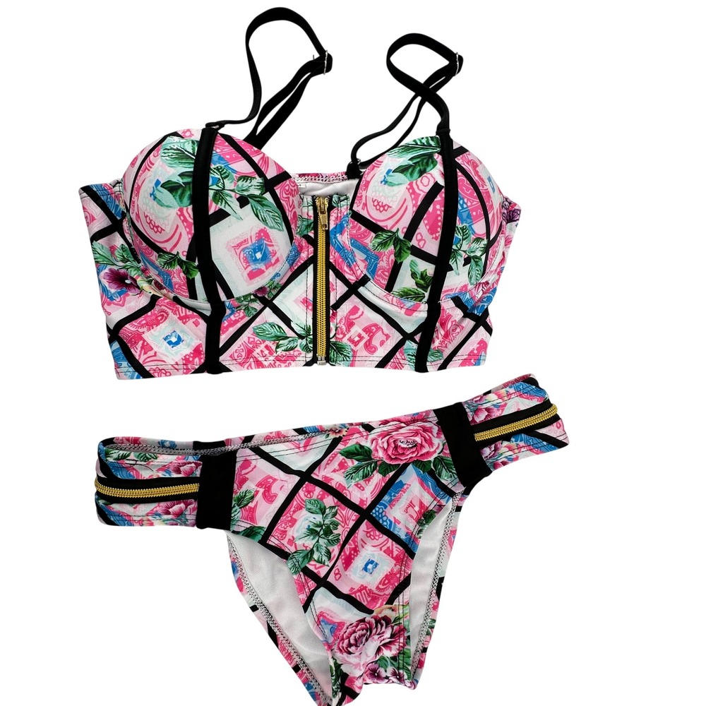 Bikini Set Bustier Push Up Women M Pink Floral Geometric Zipper Detail